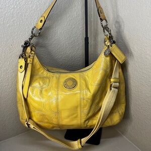 COACH Vintage Patent Leather Signature Hobo Bag in Soft  Yellow